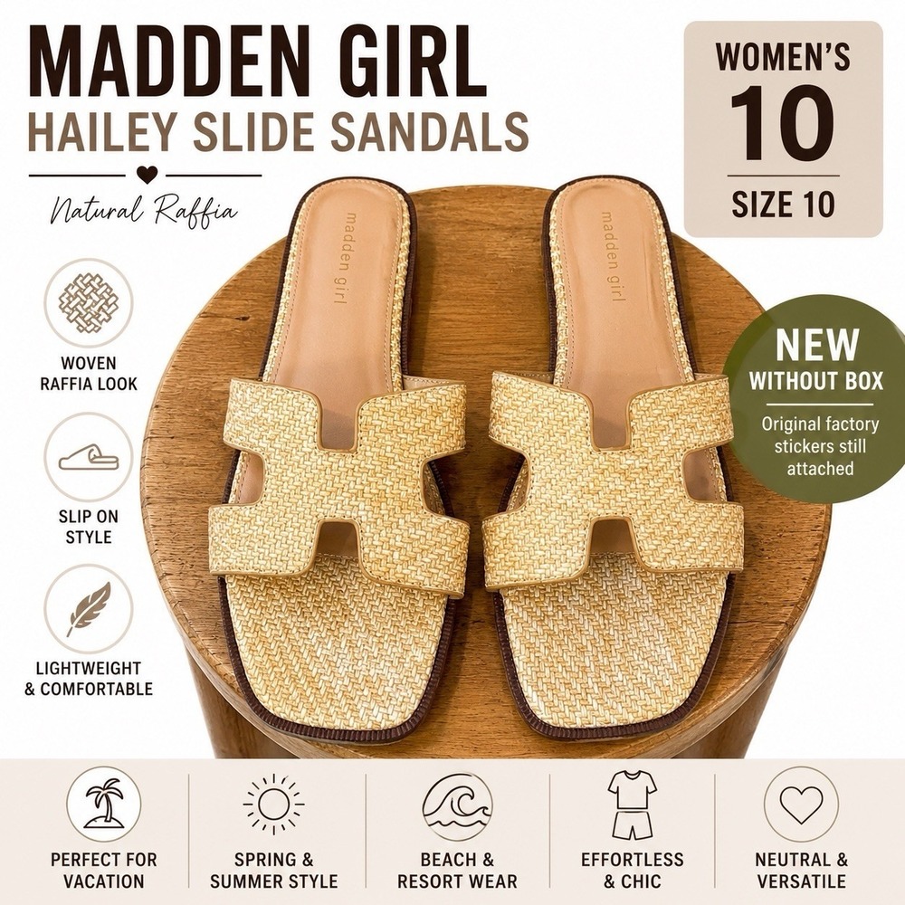 Madden Girl Hailey Womens 10 Raffia Slide Sandals Natural Woven Flat NWOB